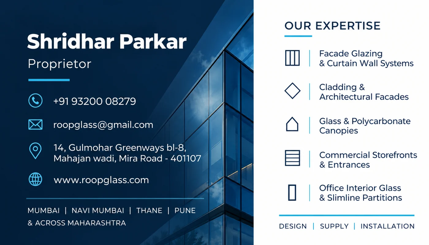 Roop Glass Solutions visiting card, back: Shridhar Parkar, Proprietor, contact details and areas of expertise