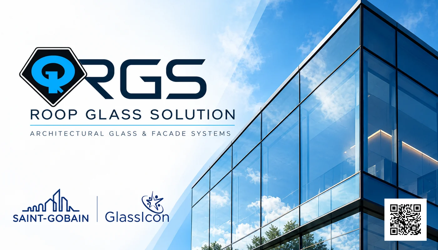 Roop Glass Solutions visiting card, front: RGS logo, Architectural Glass & Facade Systems